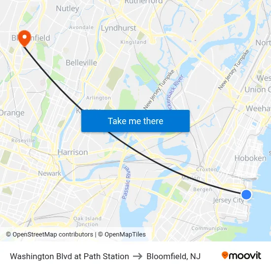 Washington Blvd at Path Station to Bloomfield, NJ map
