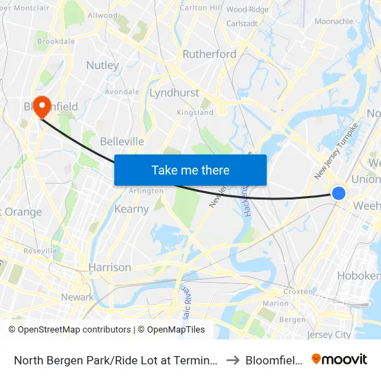 North Bergen Park/Ride Lot at Terminal Building B to Bloomfield, NJ map