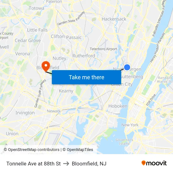 Tonnelle Ave at 88th St to Bloomfield, NJ map