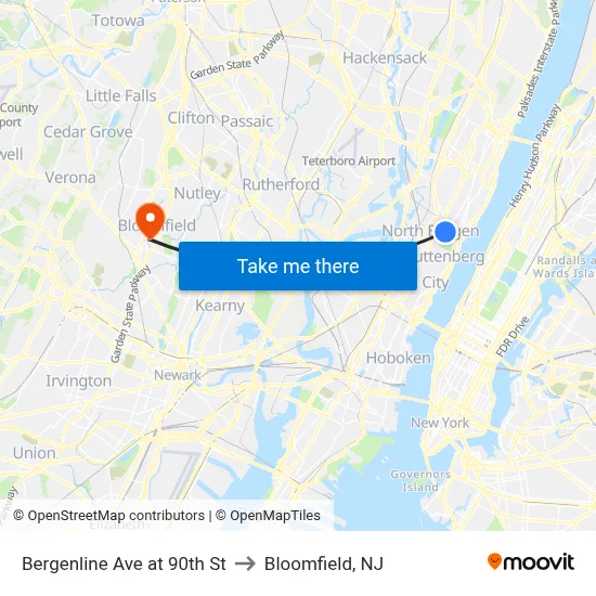 Bergenline Ave at 90th St to Bloomfield, NJ map