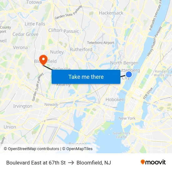 Boulevard East at 67th St to Bloomfield, NJ map