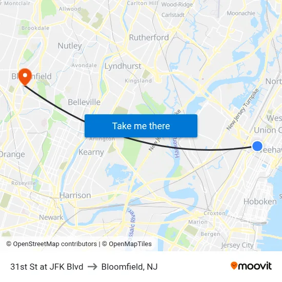 31st St at JFK Blvd to Bloomfield, NJ map
