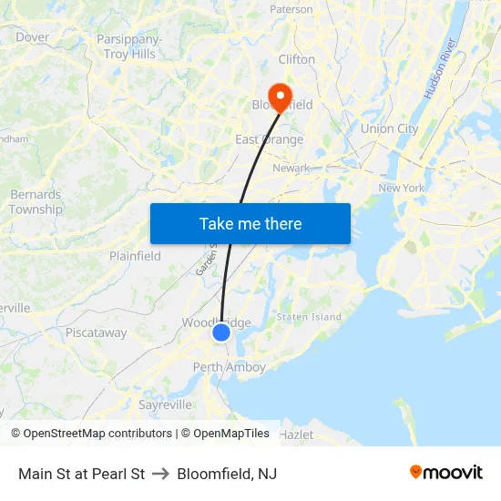 Main St at Pearl St to Bloomfield, NJ map
