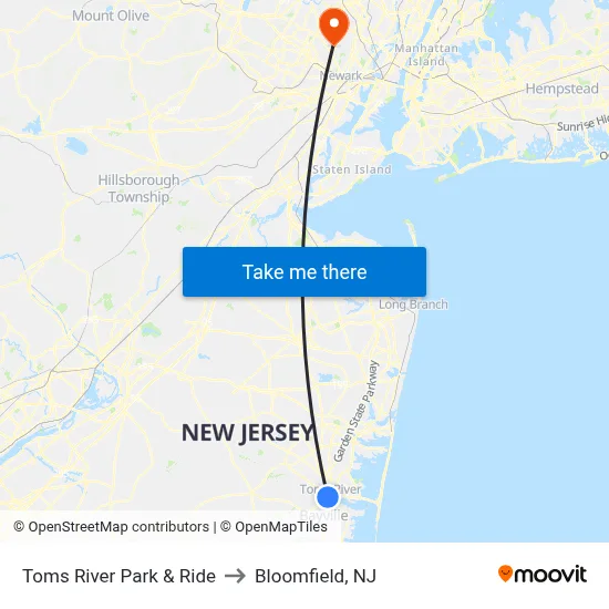 Toms River Park & Ride to Bloomfield, NJ map