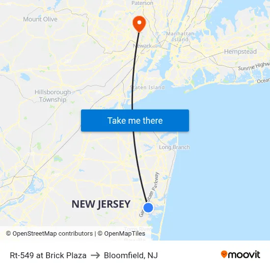 Rt-549 at Brick Plaza to Bloomfield, NJ map