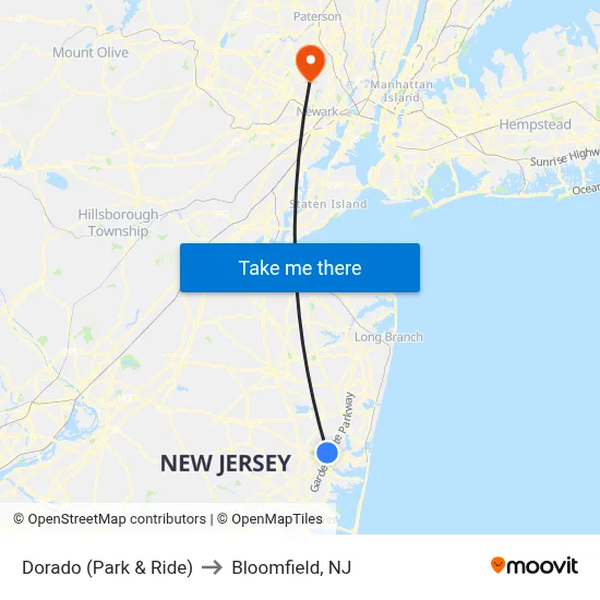 Dorado (Park & Ride) to Bloomfield, NJ map