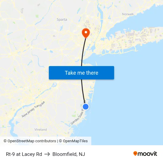 Rt-9 at Lacey Rd to Bloomfield, NJ map