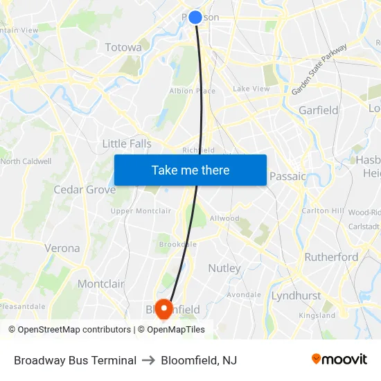Broadway Bus Terminal to Bloomfield, NJ map