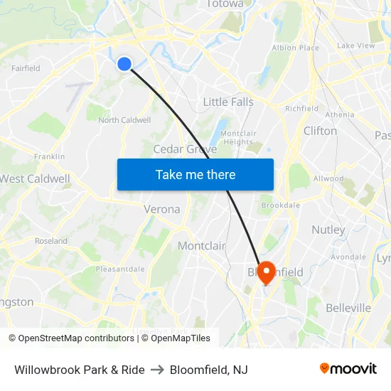 Willowbrook Park & Ride to Bloomfield, NJ map