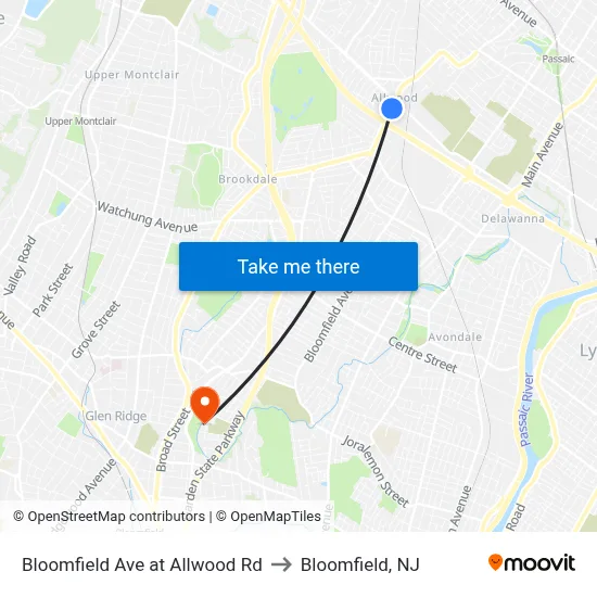 Bloomfield Ave at Allwood Rd to Bloomfield, NJ map