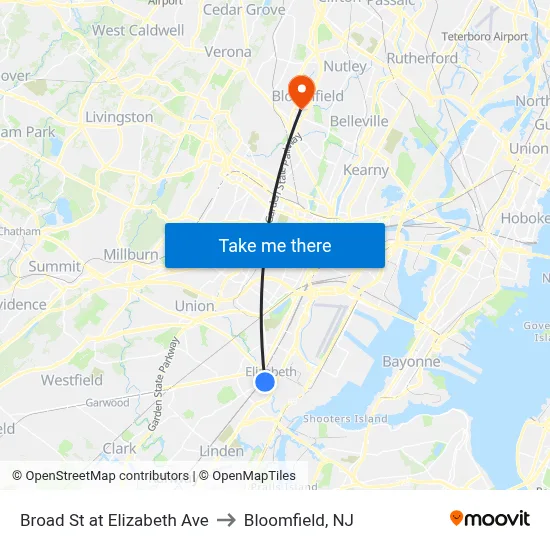 Broad St at Elizabeth Ave to Bloomfield, NJ map