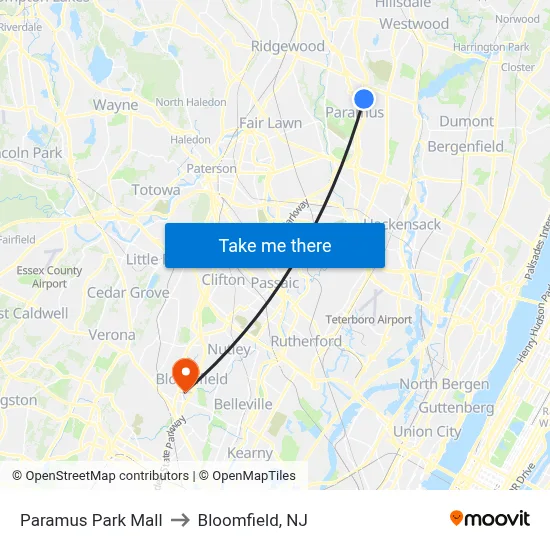 Paramus Park Mall to Bloomfield, NJ map