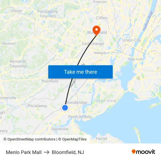 Menlo Park Mall to Bloomfield, NJ map