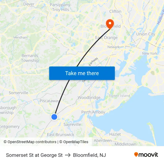 Somerset St at George St to Bloomfield, NJ map