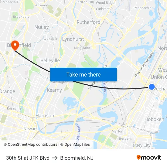 30th St at JFK Blvd to Bloomfield, NJ map