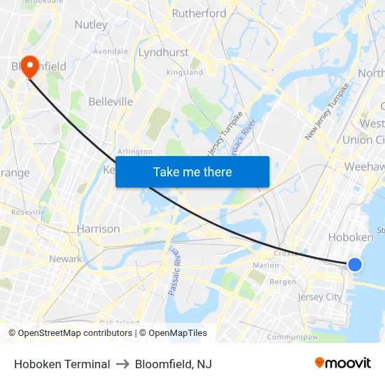 Hoboken Terminal to Bloomfield, NJ map