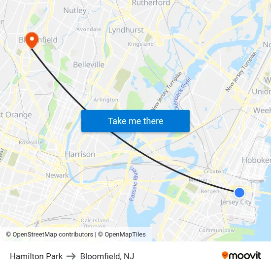 Hamilton Park to Bloomfield, NJ map