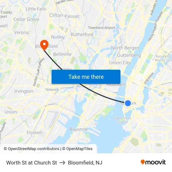 Worth St at Church St to Bloomfield, NJ map
