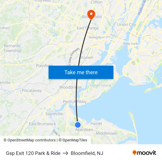 Gsp Exit 120 Park & Ride to Bloomfield, NJ map