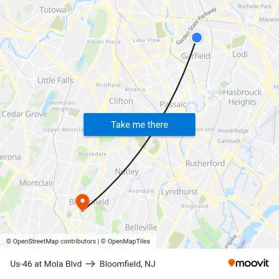 Us-46 at Mola Blvd to Bloomfield, NJ map