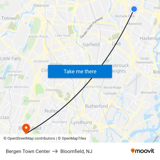 Bergen Town Center to Bloomfield, NJ map
