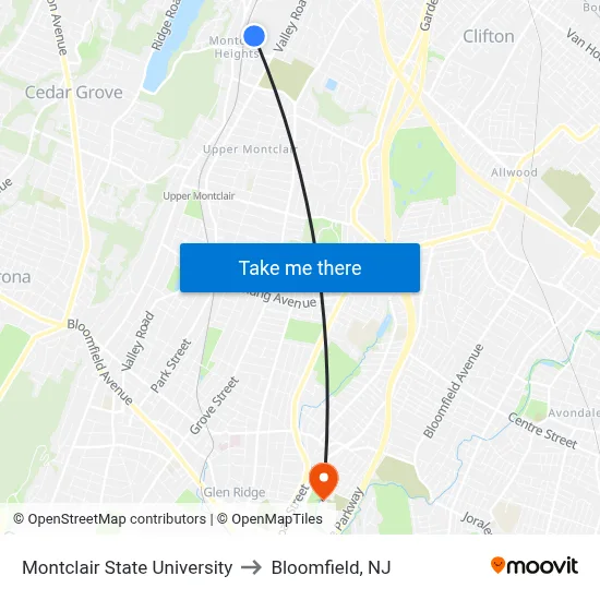 Montclair State University to Bloomfield, NJ map
