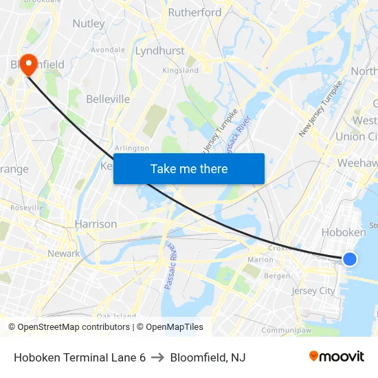 Hoboken Terminal Lane 6 to Bloomfield, NJ map