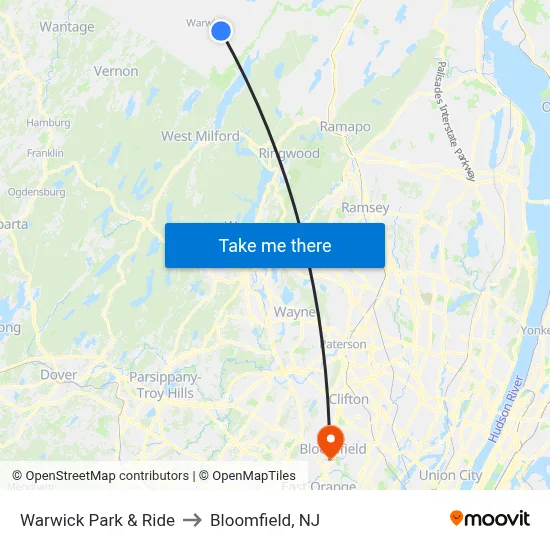 Warwick Park & Ride to Bloomfield, NJ map