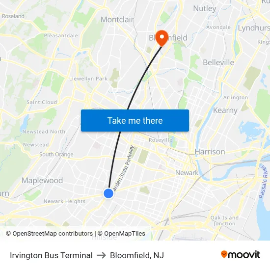 Irvington Bus Terminal to Bloomfield, NJ map