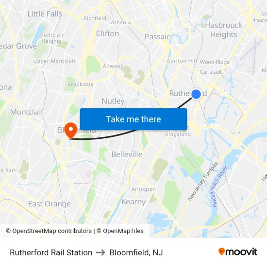 Rutherford Rail Station to Bloomfield, NJ map