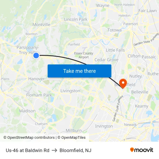 Us-46 at Baldwin Rd to Bloomfield, NJ map