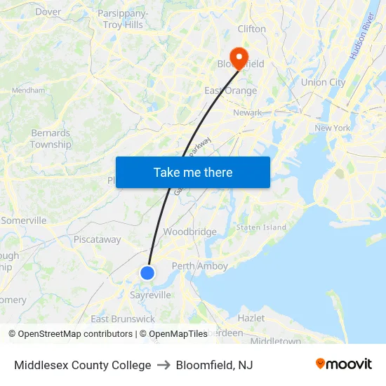 Middlesex County College to Bloomfield, NJ map