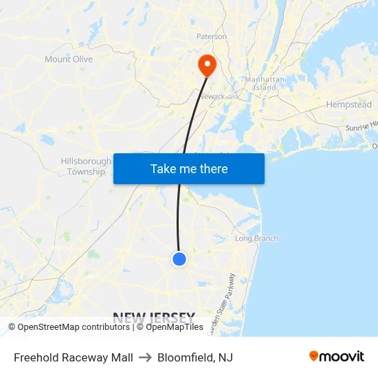 Freehold Raceway Mall to Bloomfield, NJ map