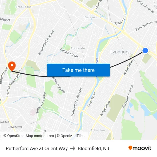 Rutherford Ave at Orient Way to Bloomfield, NJ map