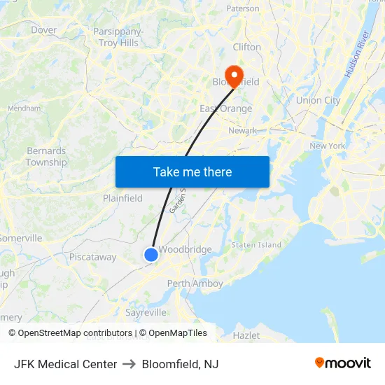 JFK Medical Center to Bloomfield, NJ map