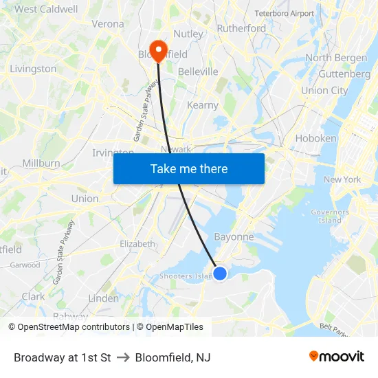 Broadway at 1st St to Bloomfield, NJ map