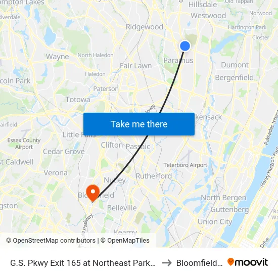 G.S. Pkwy Exit 165 at Northeast Park/Ride Lot to Bloomfield, NJ map