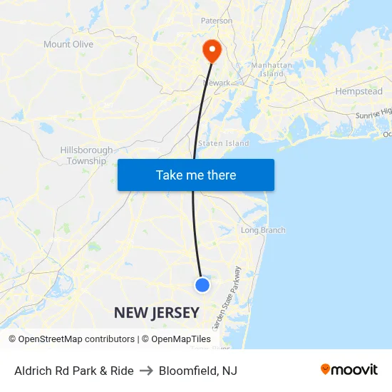 Aldrich Rd Park & Ride to Bloomfield, NJ map