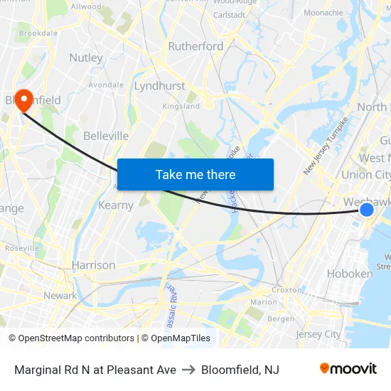 Marginal Rd N at Pleasant Ave to Bloomfield, NJ map