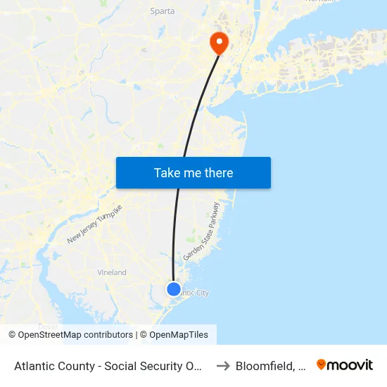 Atlantic County - Social Security Office to Bloomfield, NJ map