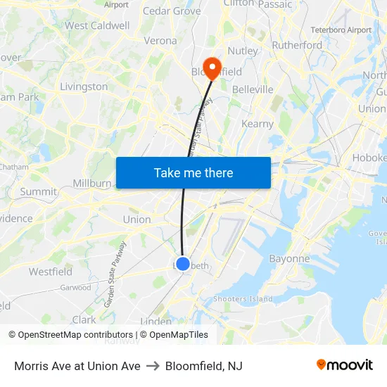 Morris Ave at Union Ave to Bloomfield, NJ map