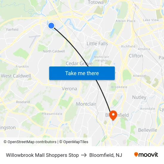 Willowbrook Mall Shoppers Stop to Bloomfield, NJ map