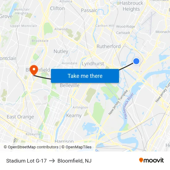 Stadium Lot G-17 to Bloomfield, NJ map