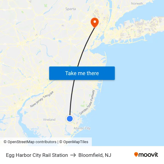 Egg Harbor City Rail Station to Bloomfield, NJ map