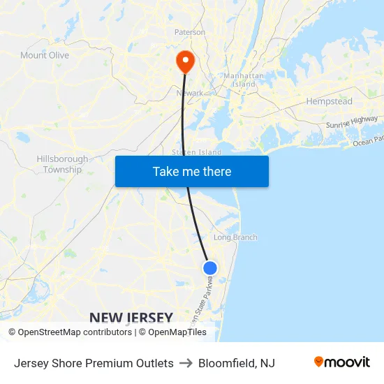 Jersey Shore Premium Outlets to Bloomfield, NJ map