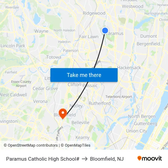 Paramus Catholic High School# to Bloomfield, NJ map