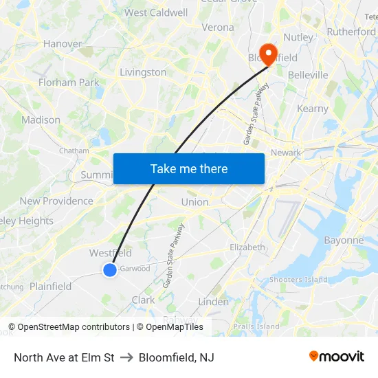 North Ave at Elm St to Bloomfield, NJ map