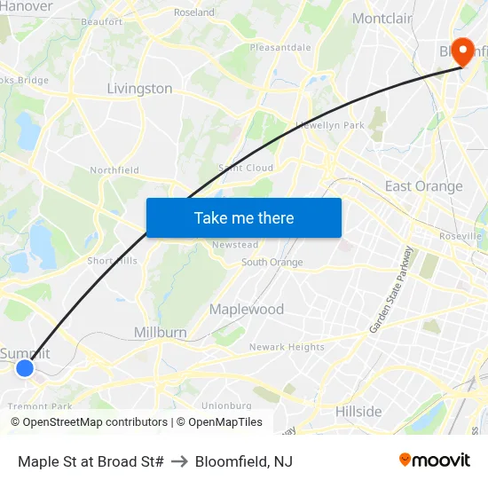 Maple St at Broad St# to Bloomfield, NJ map