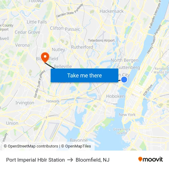 Port Imperial Hblr Station to Bloomfield, NJ map