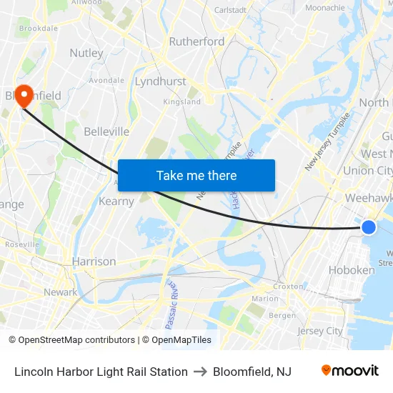 Lincoln Harbor Light Rail Station to Bloomfield, NJ map